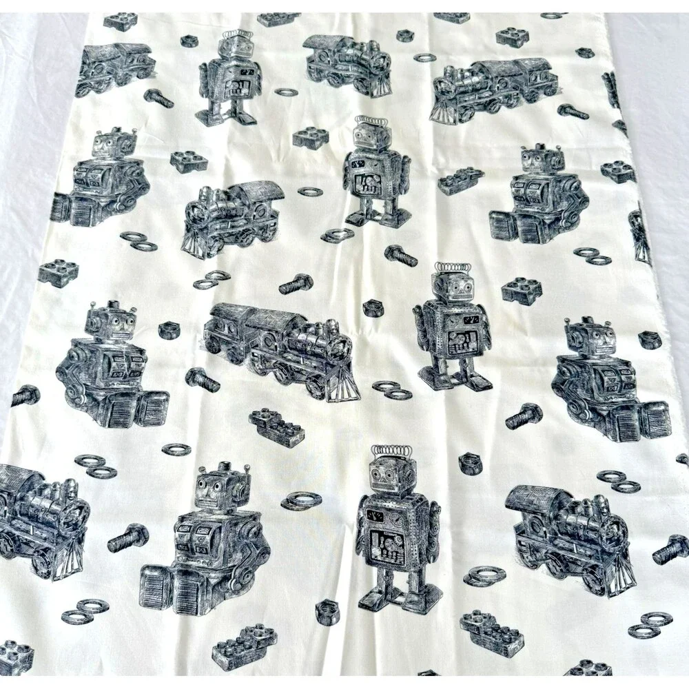 Robots Trains Bolts Black Off White Fabric Boys Cotton Quilt Fabric BTY